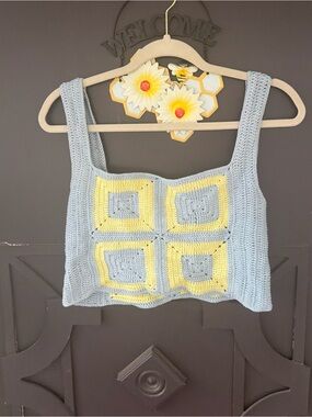 Light Blue & Yellow Crochet Square-Panel Tank Top